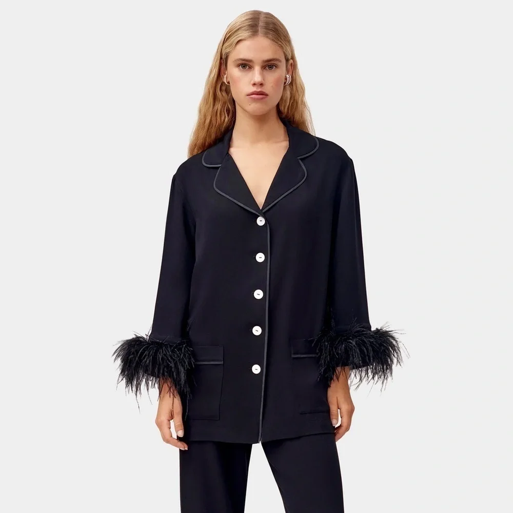 Sleeper Party Pajama Top With Ostrich Feathers Size L